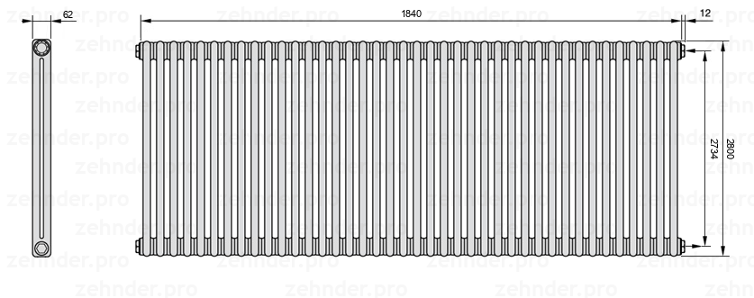 Схема (чертеж) Радиатор Zehnder Charleston 2280/40 №7610 Белый глянцевый RAL 9016